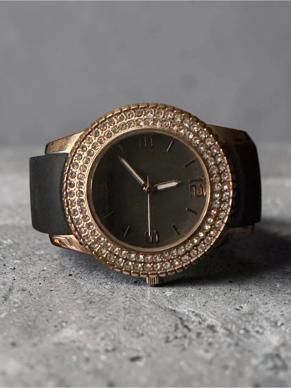 Gold Tone Crystal Bezel Black Silicone Watch